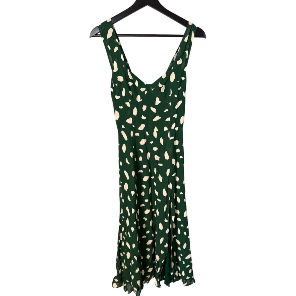 Reformation Green Smocked Midi Dress Abstract Print Size 2 Side Slit